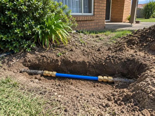 Exposed repaired water pipe in a backyard trench beside a brick house in Eleebana