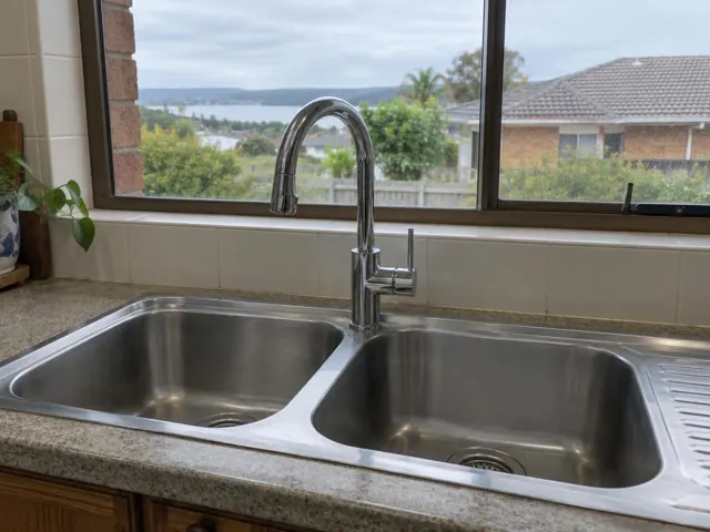 Chrome kitchen mixer tap over a double stainless steel sink with tiled splashback and window in Warners Bay